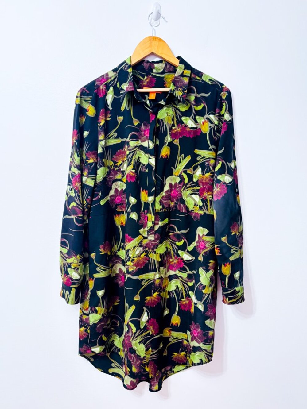 JOE FRESH Black Green Floral Button Front High Low Shirt Dress Large